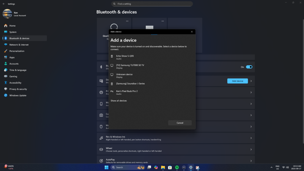 A screenshot of the Windows 11 Bluetooth settings, showing the 'Pixel Buds Pro 2' being selected from the list of available devices to connect.