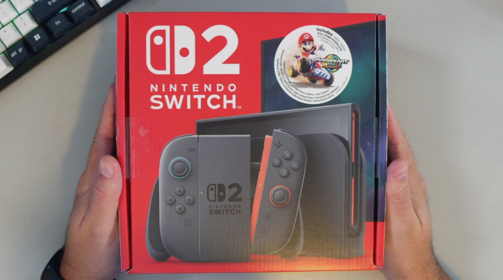 A photo of the official retail box for the Nintendo Switch 2 Mario Kart World Bundle.