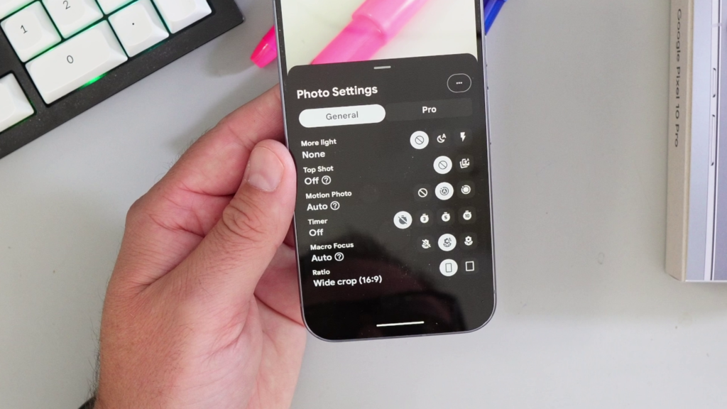 Google Pixel 10 Pro camera's Photo Settings menu, showing the "Top Shot" option currently set to "Off".
