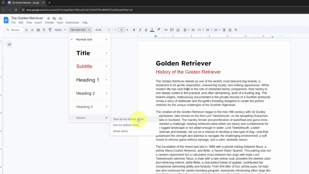 A screenshot of Google Docs with the "Normal text" dropdown menu open, showing options for "Title," "Subtitle," "Heading 1," and highlighting "Save as my default styles" under the "Options" submenu.