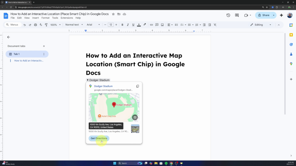 A screenshot of Google Docs showing a Place Smart Chip for "Dodger Stadium" with its interactive preview card open, displaying a map, address, and a "Get Directions" button.