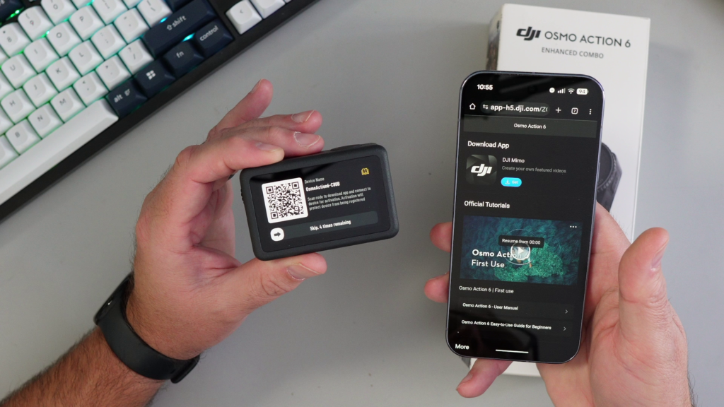 A hand holding the DJI Osmo Action 6 displaying a QR code for activation, next to a smartphone showing the official DJI Mimo app download page.