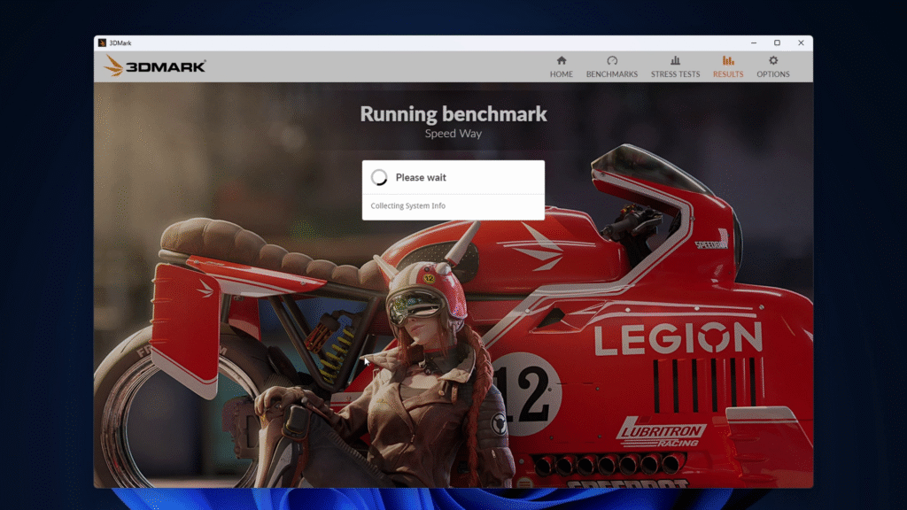 A screenshot of the 3DMark software loading screen for the Speed Way benchmark, displaying a red futuristic motorcycle and the text "Running benchmark."