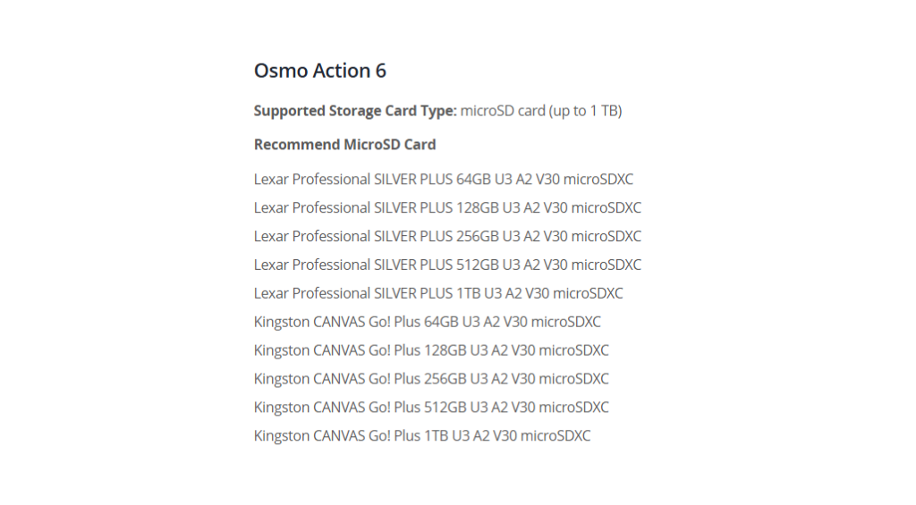 Official DJI Osmo Action 6 supported storage card list showing recommended Lexar Professional SILVER PLUS and Kingston CANVAS Go Plus microSD cards from 64GB to 1TB.