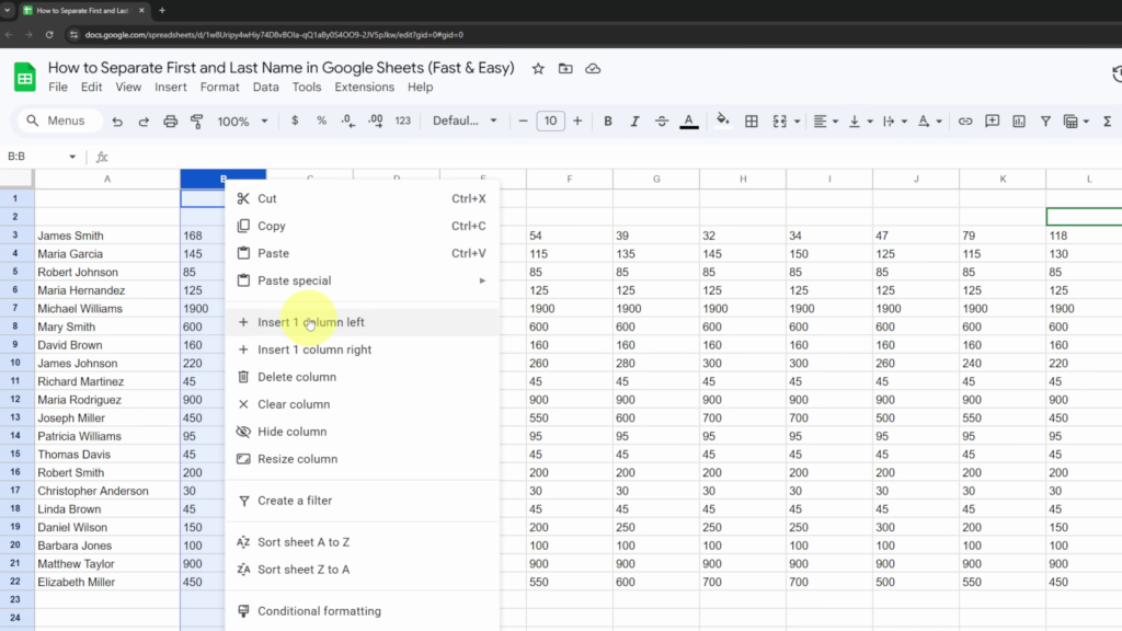 A screenshot of a Google Sheets interface showing a user right-clicking on Column B to open the context menu, with the "Insert 1 column left" option highlighted by the mouse cursor.