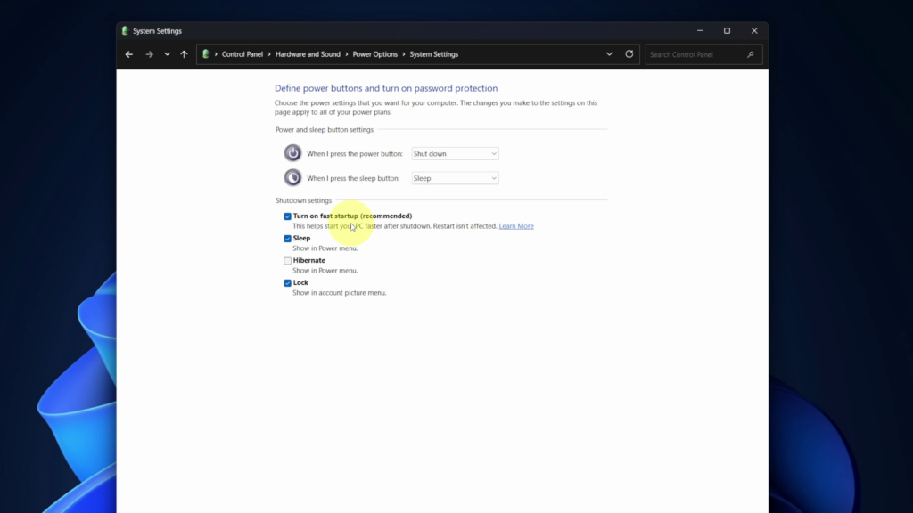 A screenshot of the Windows 11 System Settings window showing the "Shutdown settings" section with a checkmark next to "Turn on fast startup (recommended)."