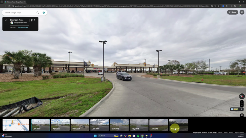 A screenshot of the Google Maps Street View interface in Texas with the "See more dates" timeline opened at the bottom. The timeline shows a row of selectable thumbnail images spanning from 2008 to 2025, allowing the user to view historical imagery of the same road.