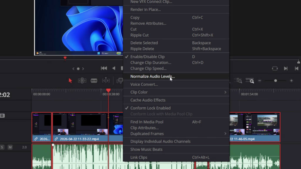 Right-clicking an audio clip in the DaVinci Resolve timeline to select the Normalize Audio Levels menu option.