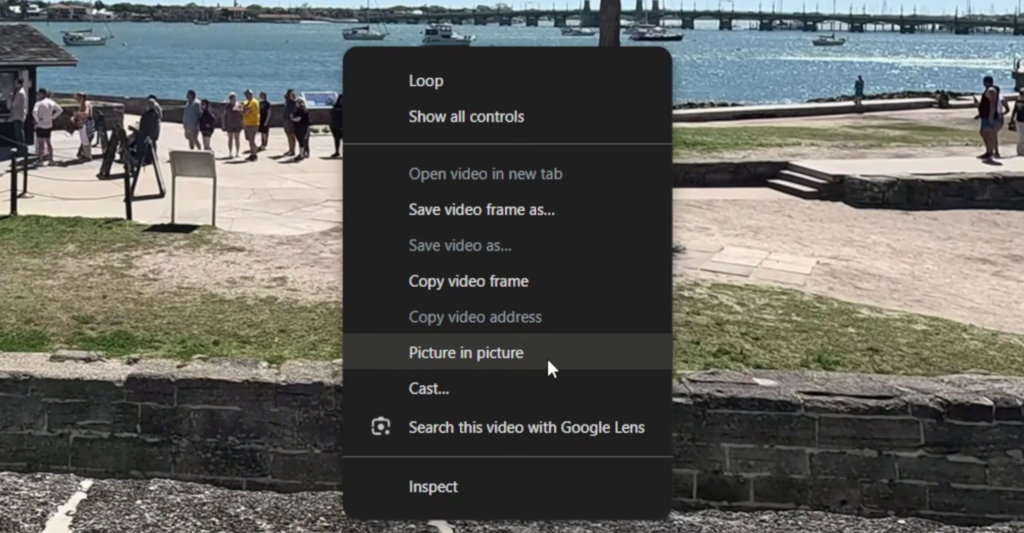 YouTube Picture-in-Picture option displayed in the right-click menu on a video in Google Chrome