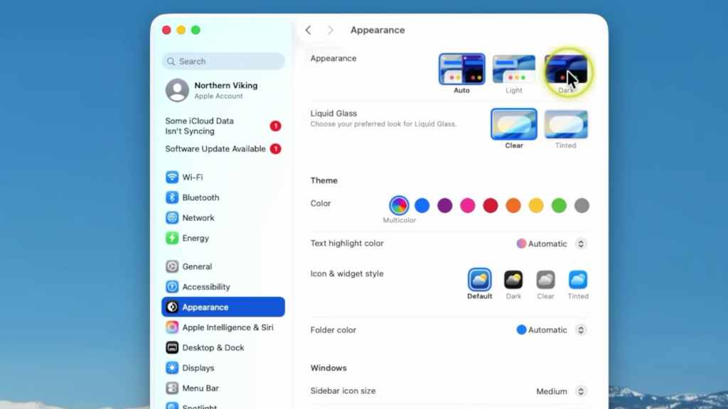 Mac Appearance settings showing Light, Auto, and Dark Mode options in macOS