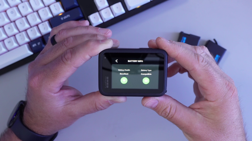GoPro HERO 13 Black Battery Info screen showing battery health and battery compatibility status