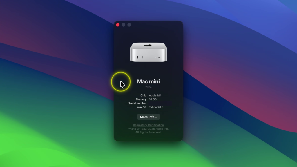 About This Mac window showing Mac Mini 2024 specifications including Apple M4 chip, 16 GB memory, serial number, and macOS version