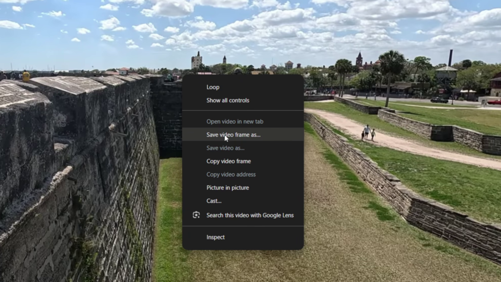 YouTube video right-click menu showing the “Save video frame as” option for exporting a high quality image from a video frame