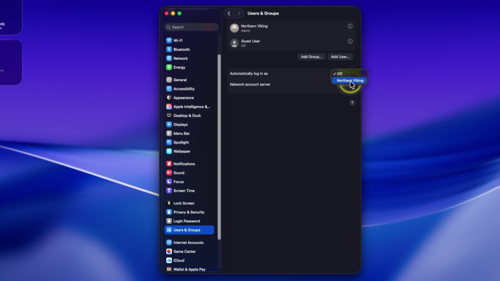 Users & Groups settings in macOS showing the Automatically log in as option