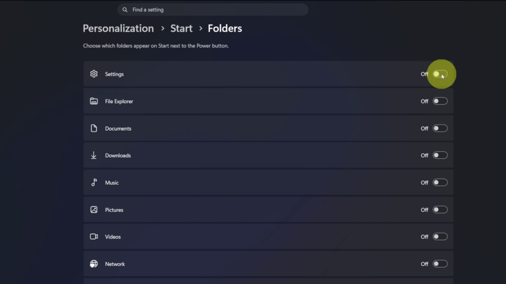 Windows 11 Folders settings showing the Settings toggle for the Start menu
