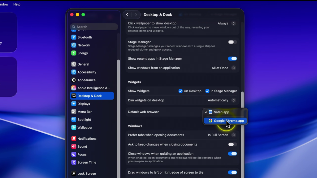 Mac Desktop & Dock settings showing the Default Web Browser option