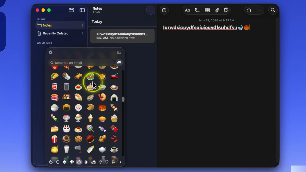 Mac emoji keyboard opened from the Edit menu showing emojis and symbols
