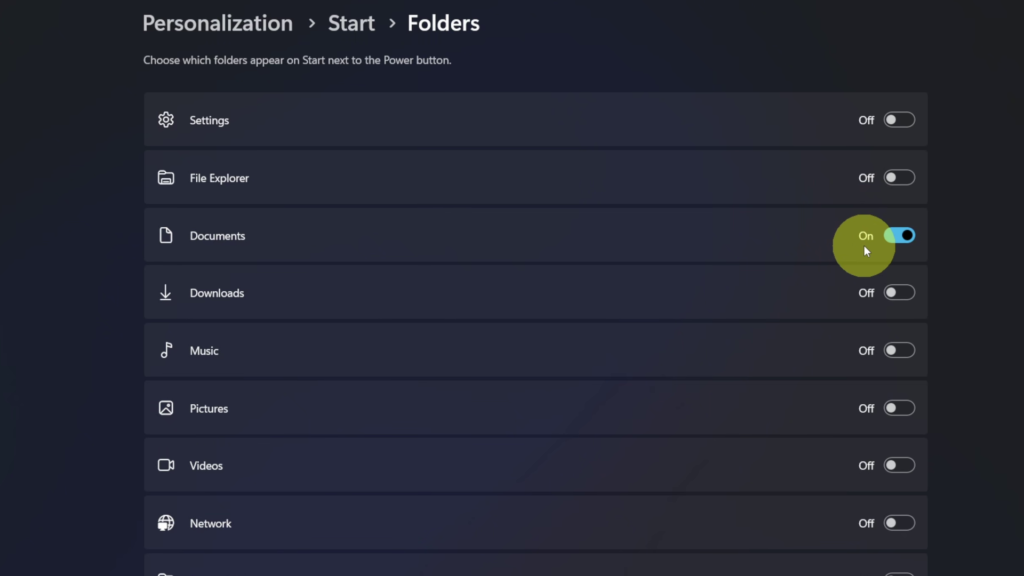Windows 11 Folders settings showing the Documents toggle for the Start menu