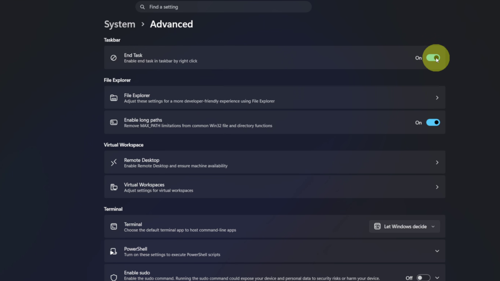 Windows 11 Advanced settings showing the End Task option enabled