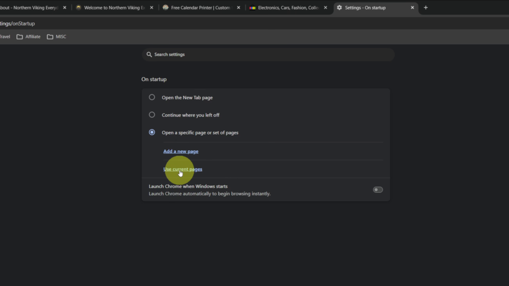 Google Chrome On startup settings showing options to open a specific page or set of pages