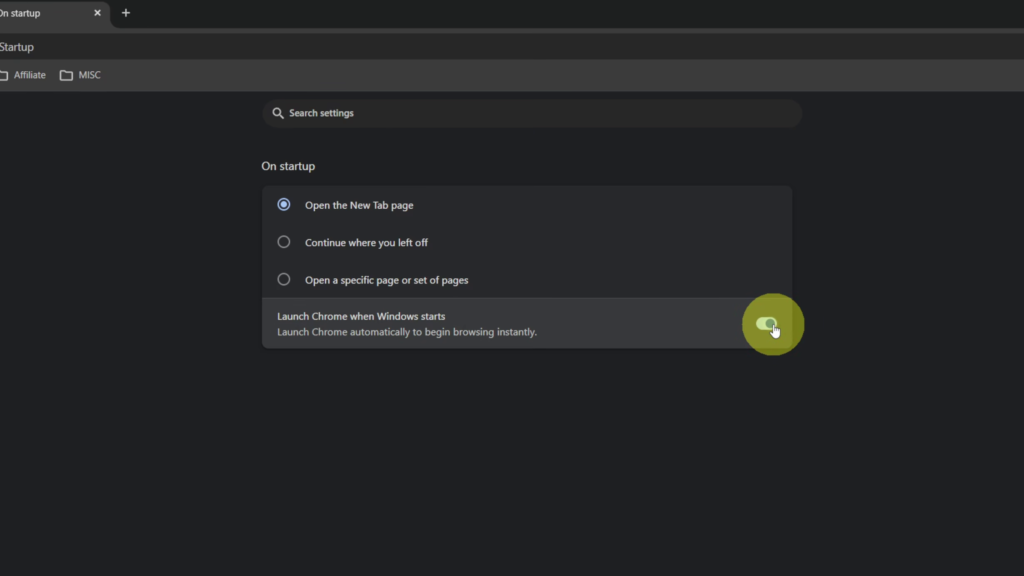 Launch Chrome when Windows starts setting in Google Chrome