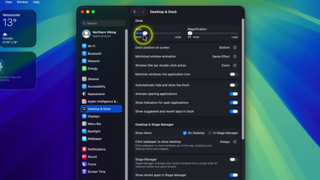 Adjust the Dock size slider on Mac