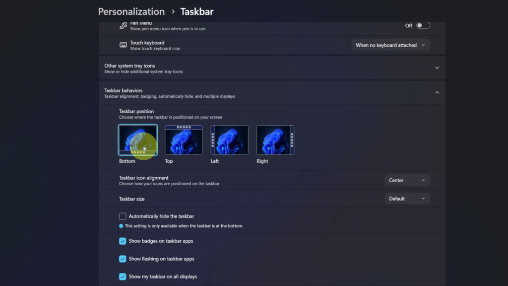 Change taskbar position in Windows 11 to bottom, top, left, or right