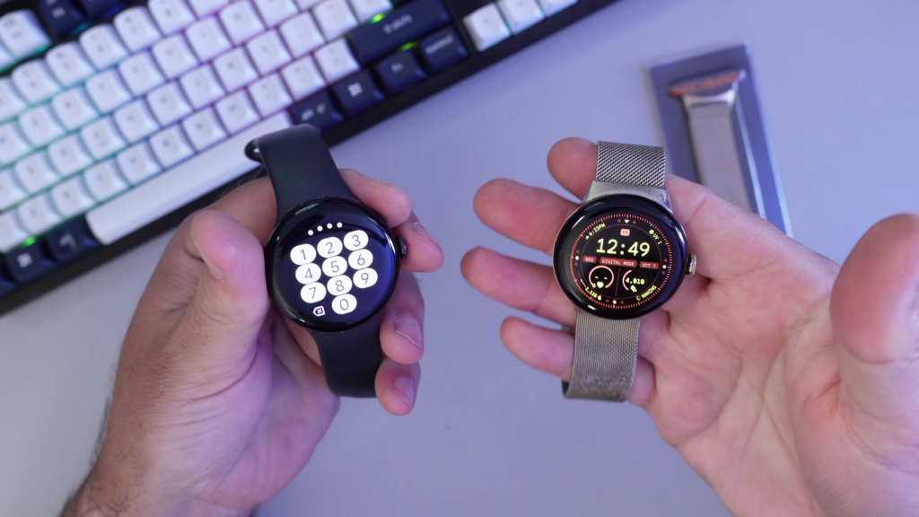 Google Pixel Watch 2 with original silicone band and metal mesh replacement band