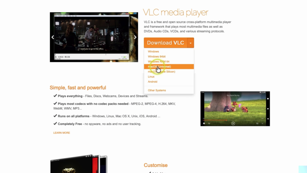 VLC Media Player official download page showing macOS Universal and Apple Silicon download options.