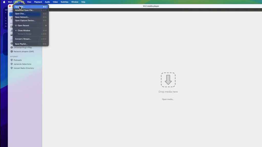 VLC Media Player running on Mac with the File menu open and Open File selected.