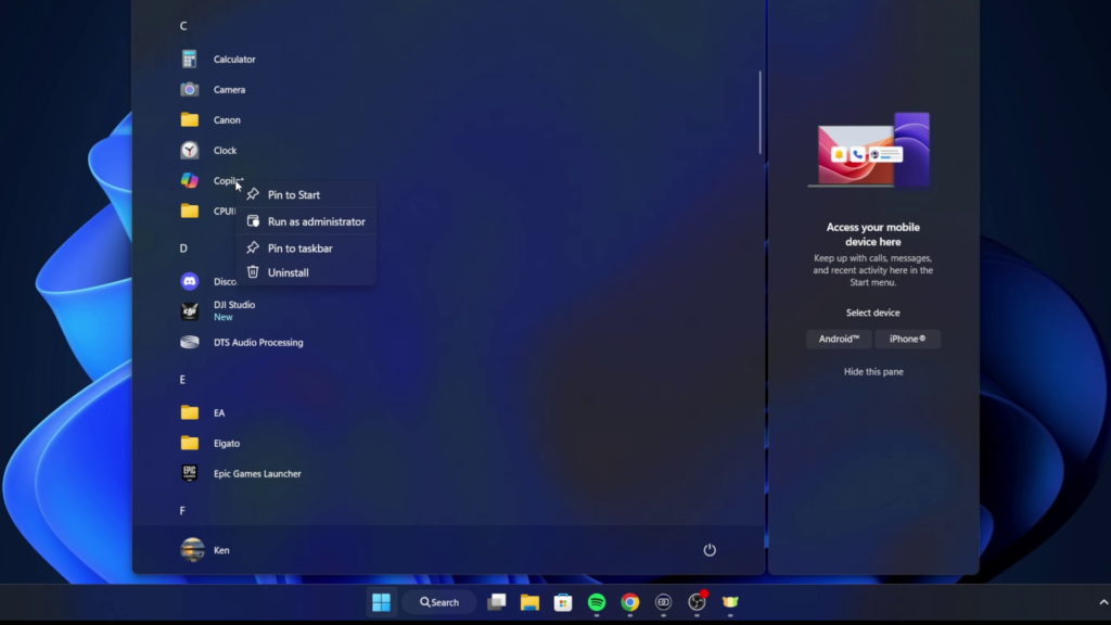 Windows 11 Start menu showing the Pin to taskbar option when right-clicking Microsoft Copilot.