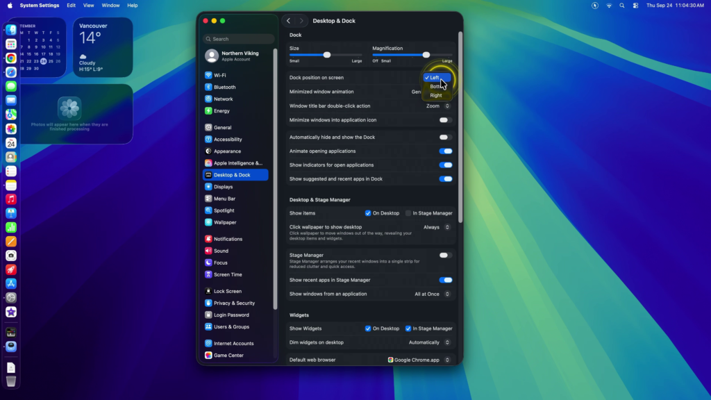 Mac System Settings showing the Dock position on screen dropdown with Left, Bottom, and Right options.